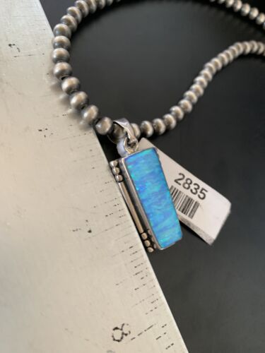 Blue Opal Inlay Necklace Pendant | Navajo Pearls | Sterling Silver | Authentic Native American Handmade | 2835 - Masha USA