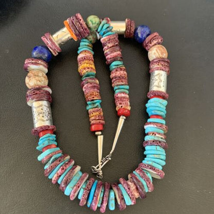 Navajo Sterling Silver Necklace | Turquoise, Spiny Oyster, Coral, Lapis | 24" | Authentic Native American | 10825