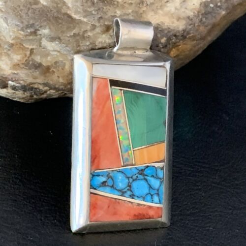 Navajo Turquoise Spiny Opal Multi-Color Inlay Pendant | Sterling Silver | Authentic Native American Handmade | 13722