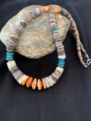 Authentic Native American Navajo Multi-Color Shell Necklace | Sterling Silver | Graduated 20" | 00926