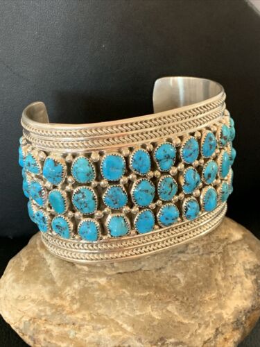 Sterling Silver Blue Kingman Turquoise Cuff Bracelet | 3 Row Stone | Authentic Native American Handmade | 12167