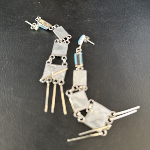 Zuni Kingman Turquoise Needle Point Dangle Earrings | Sterling Silver | Authentic Native American Handmade | 14409