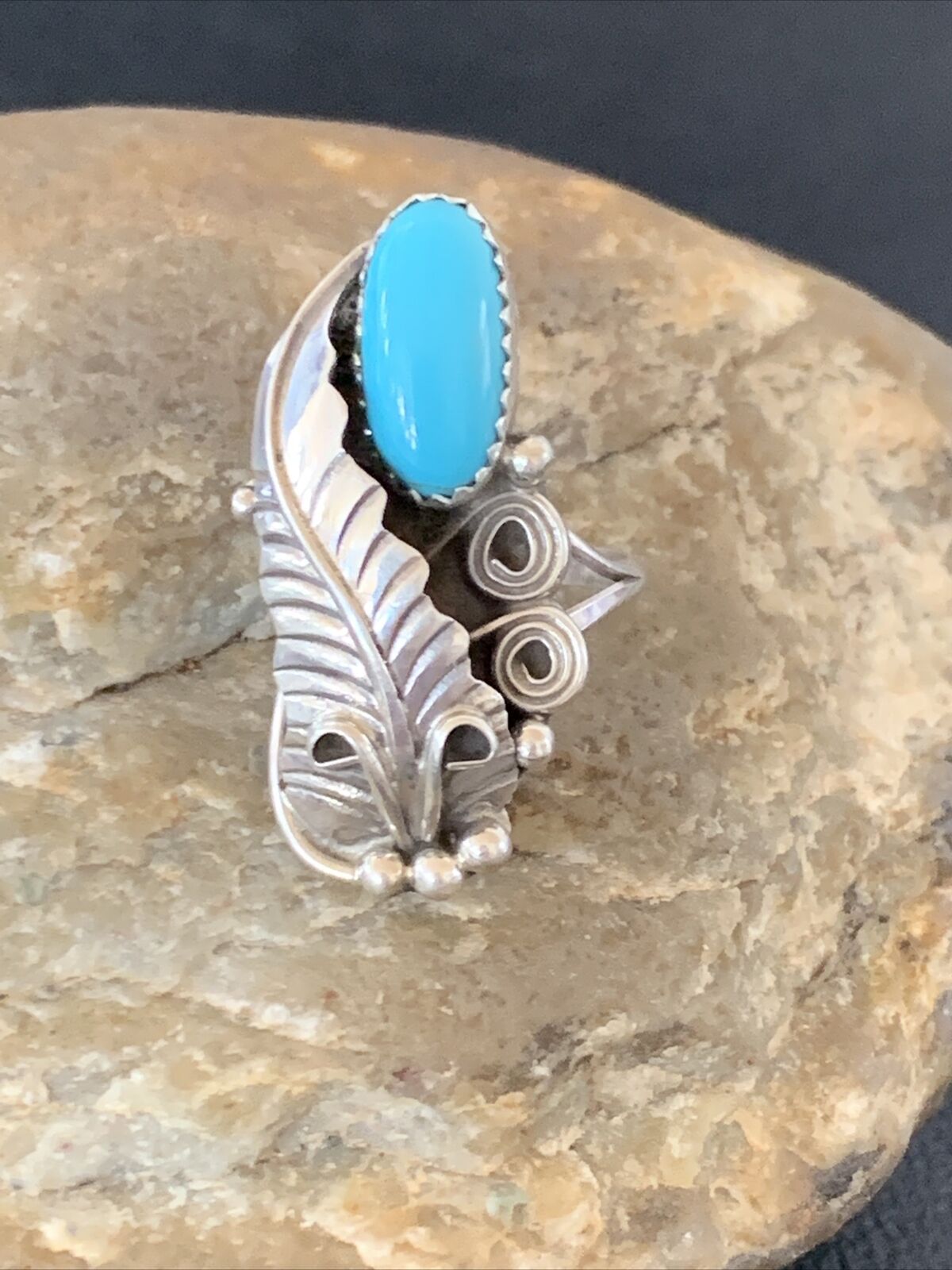 Navajo Blue Turquoise Feather Ring | Sterling Silver | Sz 5.5 | Authentic Native American Handmade | 11736