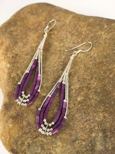 Native American Sugilite Heishi Tube Dangle Earrings | Sterling Silver | 2" | 8874
