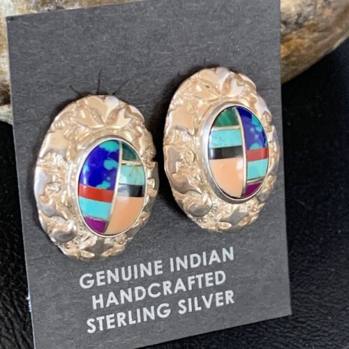 Women's Multi-Color Blue Turquoise Nugget Earrings | Sterling Silver | Authentic Native American Handmade | 13014