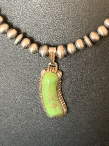 Navajo Green Gaspeite Turquoise Pendant | Sterling Silver Inlay | Authentic Native American Handmade | 12342