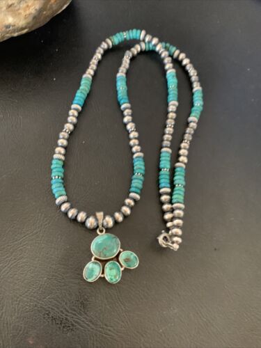 Navajo Pearl Necklace with Blue Cluster Turquoise and Multi-Stone Pendant | Authentic Native American Sterling Silver | 12546