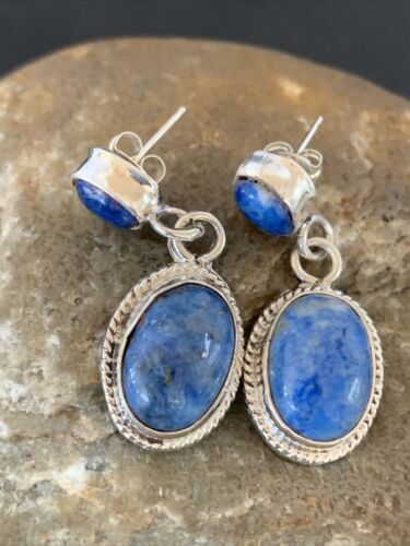 Navajo Denim Lapis Dangle Earrings | Sterling Silver | 1.1" | Authentic Native American Handmade | 1705