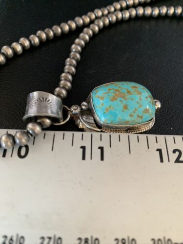 Men's Blue Turquoise #8 Necklace Pendant | Sterling Silver Navajo Pearls | Native American Handmade | 13765