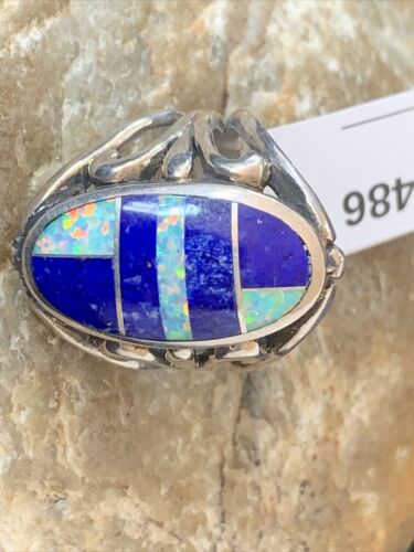 Southwestern Navajo Lapis & Opal Inlay Ring | Sterling Silver | Sz 7.5 | 1486