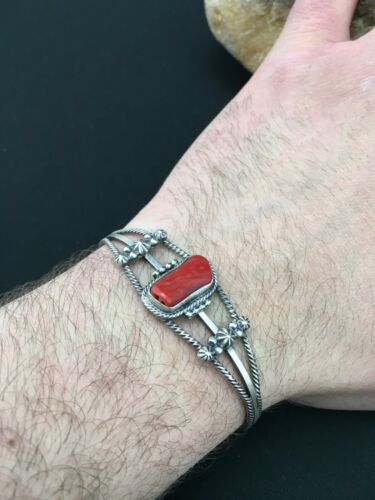 Native American Red Coral Navajo Bracelet | Sterling Silver | Authentic Handmade | 4731