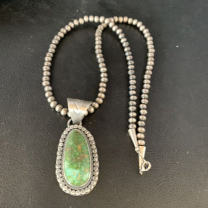 Men's Green Sonoran Gold Turquoise Pendant Necklace | Navajo Sterling Silver | Authentic Native American | 14006