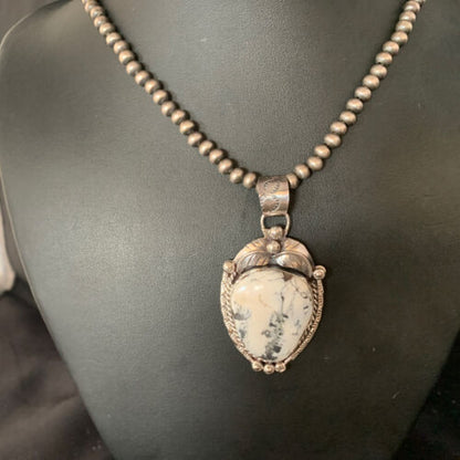 White Buffalo Turquoise Pendant Necklace | Sterling Silver | Navajo | Authentic Native American Handmade | 14053