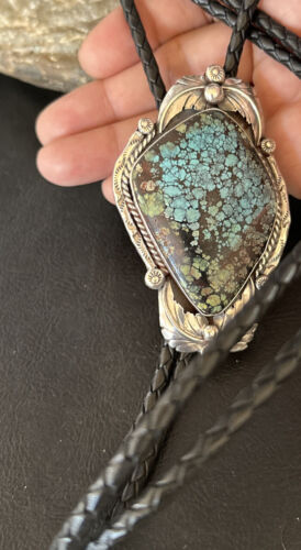 Bolo Tie | Blue Spiderweb Turquoise | Sterling Silver | Navajo | Handmade Southwestern Jewelry | 14255