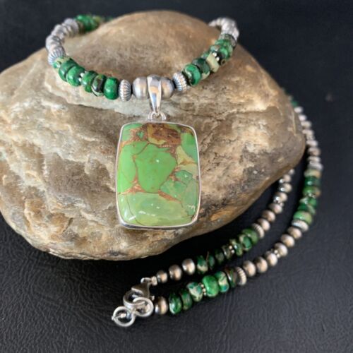 Navajo Green Mojave Turquoise Pendant Necklace | Sterling Silver | Native American Handmade | 13468