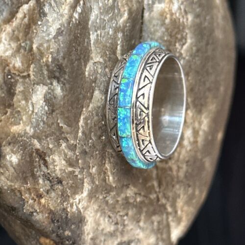 Navajo Blue Opal Inlay Eternity Band Ring | Sterling Silver | Sz 8 | Authentic Native American Handmade | 14544