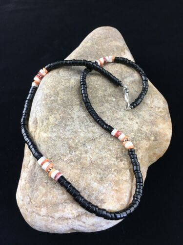 Navajo Mother of Pearl Black Onyx Spiny Necklace | Sterling Silver | 18" | Authentic Native American Handmade | 10012