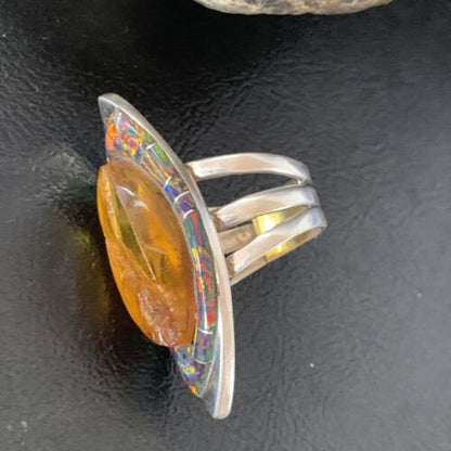 Navajo Gold Pomellato Amber Opal Inlay Ring | Sterling Silver | Sz 10 | Authentic Native American Handmade | 12852
