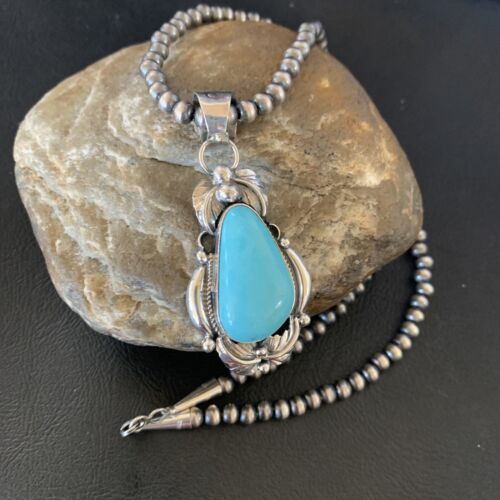 Men's Navajo Pearls Necklace with Blue Kingman Turquoise Pendant | Sterling Silver | Native American Handmade | 12592