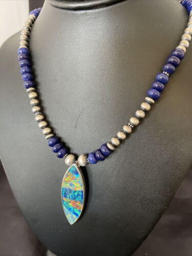 Men's Sterling Silver Necklace | Blue Lapis Bead Opal Inlay Pendant | Authentic Native American Handmade | 10585
