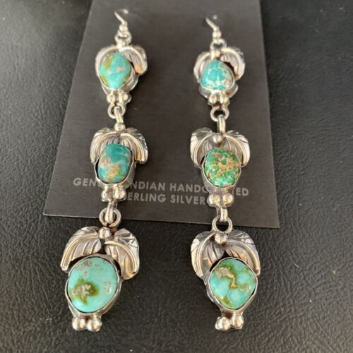 Navajo Sonoran Gold Turquoise Earrings | Sterling Silver | 3 Dangle | Authentic Native American Handmade | 13922