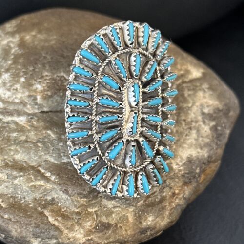 Zuni Blue Turquoise Cluster Ring | Authentic Native American Sterling Silver | Multi-Stone Needle Point | Sz 10 | 14566