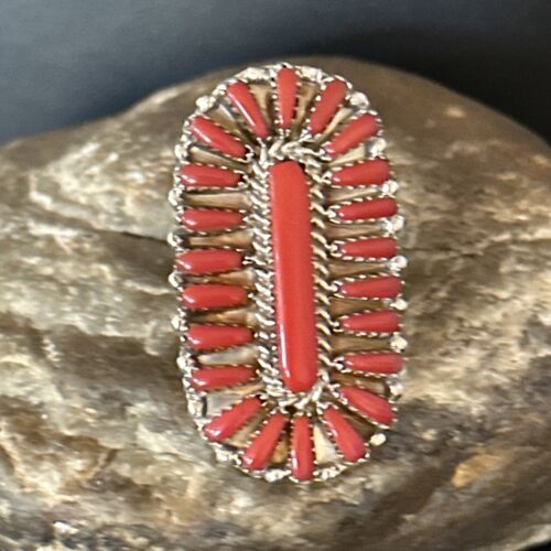 Navajo Red Coral Cluster Ring | Authentic Native American Sterling Silver | Multi-Stone | Sz 10 | 14572