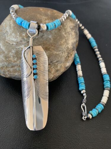 Navajo Turquoise Multi-Stone Feather Pendant | Authentic Native American Sterling Silver | Handmade | 3.5" | 02133