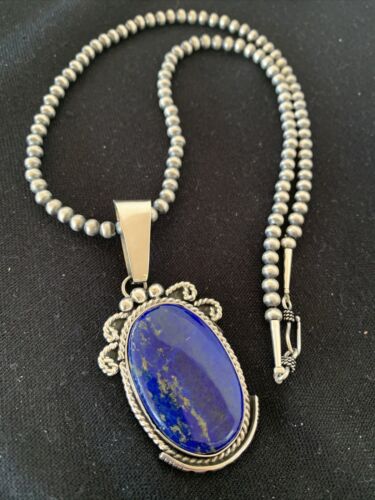 Native American Men's Navajo Pearls Necklace Pendant | Sterling Silver Blue Lapis | 1538