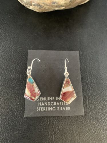Navajo Purple Spiny Oyster Turquoise Dangle Earrings | Sterling Silver | Authentic Native American Handmade | 14082