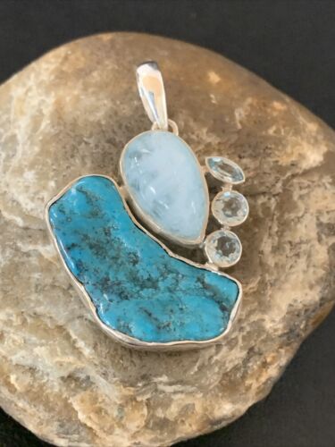 Navajo Blue Topaz Turquoise Pendant | Sterling Silver | 2" | Authentic Native American Handmade | 10832