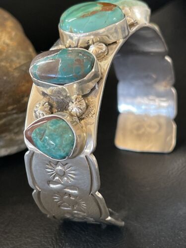 Men's Navajo Blue Turquoise Cuff Bracelet | Sterling Silver | 5 Stones | Authentic Native American Handmade | 01886 - Masha USA