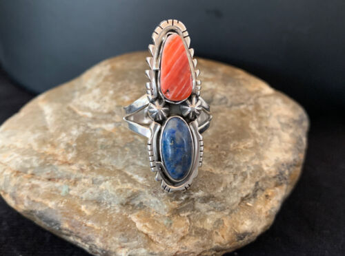 Navajo Red Spiny Oyster, Lapis, and Multi-Stone Ring | Authentic Native American Sterling Silver | Sz 10.5 | 1077