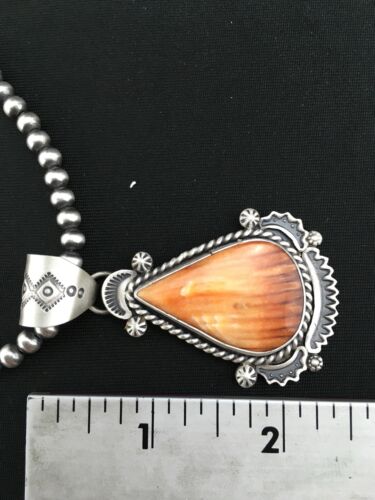 Navajo Orange Spiny Oyster Pendant Necklace | Sterling Silver Pearls | Authentic Native American Handmade | 4883