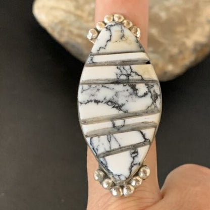 Navajo White Buffalo Turquoise Inlay Ring | Sterling Silver | Sz 9 | Authentic Native American Handmade | 12173