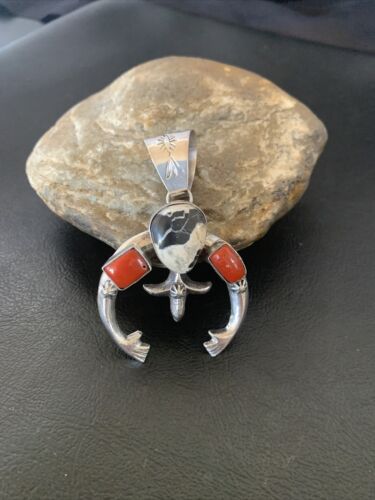 Navajo White Buffalo Turquoise Coral Naja Pendant | Sterling Silver | Authentic Native American Handmade | 11574 - Masha USA