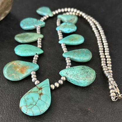 Navajo Teardrop Blue Turquoise Necklace | Sterling Silver Pearls | Authentic Native American Handmade | 14389