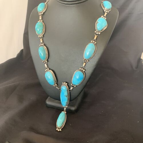 Navajo Kingman Turquoise Lariat Necklace | Sterling Silver | Authentic Native American Handmade | 11571