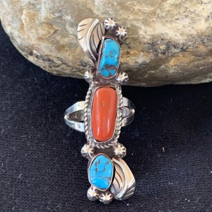 Navajo Kingman Turquoise & Coral Ring | Authentic Native American Sterling Silver | Multi-Stone | Sz 9 | 1294