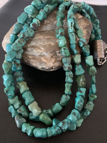 Navajo Green Turquoise Bone Bead Necklace | 3 Strand | Sterling Silver | 01992