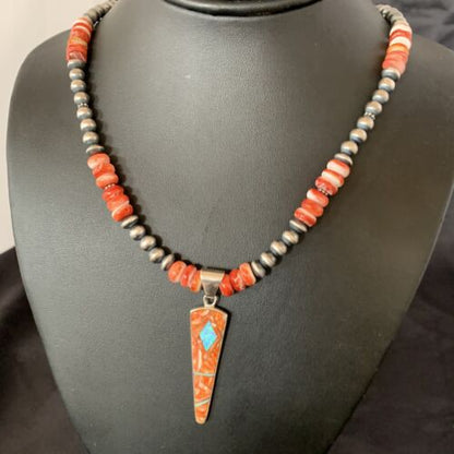 Navajo Pearls Sterling Silver Necklace | Opal Red Spiny Oyster Inlay Pendant | Authentic Native American Handmade | 11322