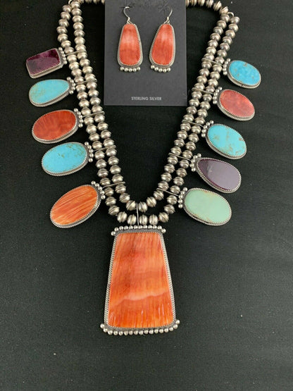 Navajo XL Spiny Oyster Squash Blossom Necklace | Sterling Silver Turquoise | Authentic Native American Handmade | 12702