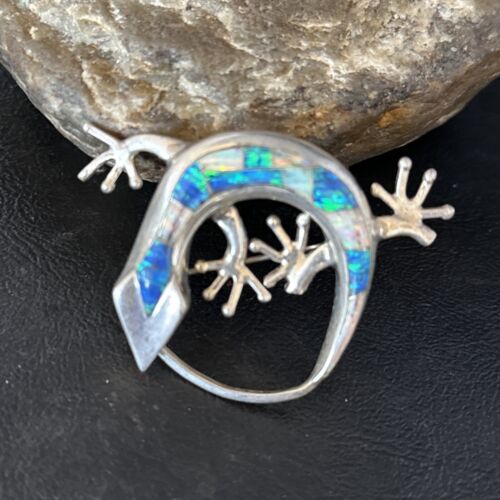 Navajo White Blue Opal Lizard Pin Pendant | Inlay Gecko | Sterling Silver | Authentic Native American Handmade | 14335