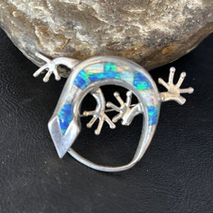 Navajo White Blue Opal Lizard Pin Pendant | Inlay Gecko | Sterling Silver | Authentic Native American Handmade | 14335