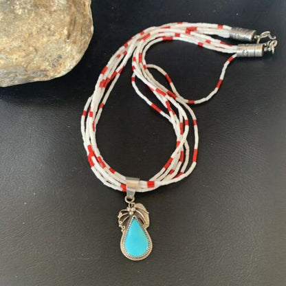 Navajo Red White Coral Turquoise Pendant | Sterling Silver Necklace 18" | Multi-Strand | 12056