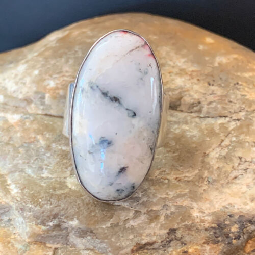 Southwestern Navajo Cinnabrite Ring | White Black | Sterling Silver | Sz 7.5 | 01560