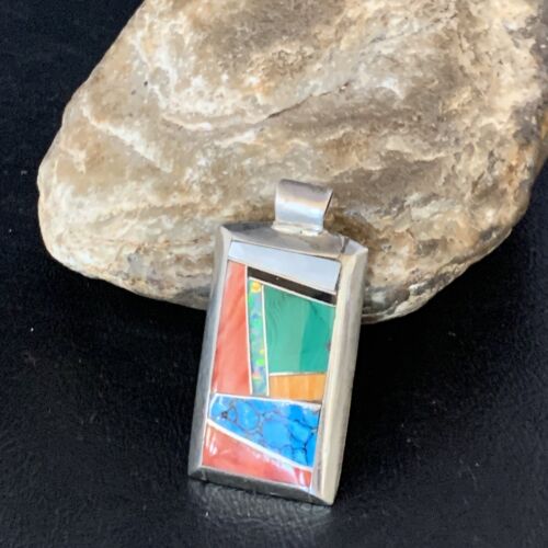 Navajo Turquoise Spiny Opal Multi-Color Inlay Pendant | Sterling Silver | Authentic Native American Handmade | 13722