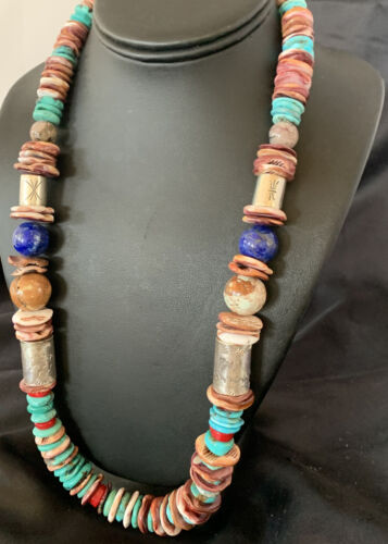 Navajo Turquoise Spiny Oyster Coral Lapis Necklace | Sterling Silver | 24" | Authentic Native American Handmade | 11870