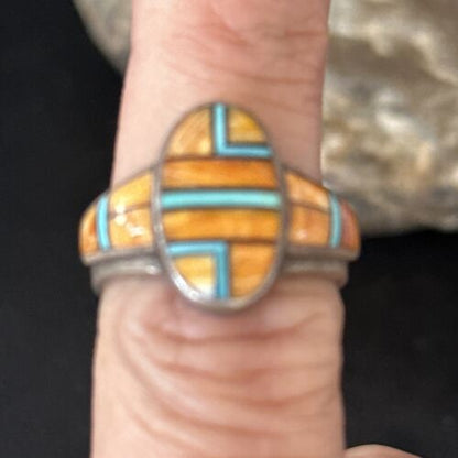 Southwestern Women's Navajo Blue Turquoise Spiny Oyster Inlay Ring | Sz 7 | 14556