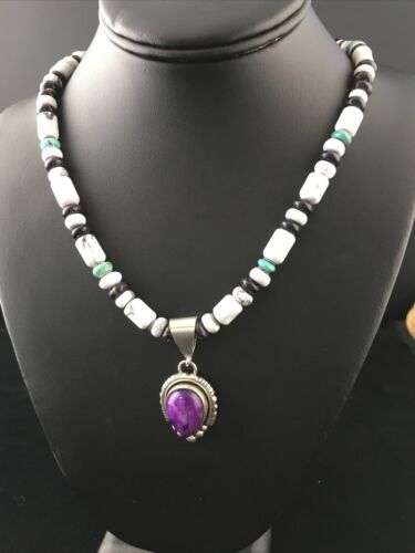 Navajo Purple Sugilite Turquoise Bead Necklace | Sterling Silver | 22" | Authentic Native American Handmade | 10033